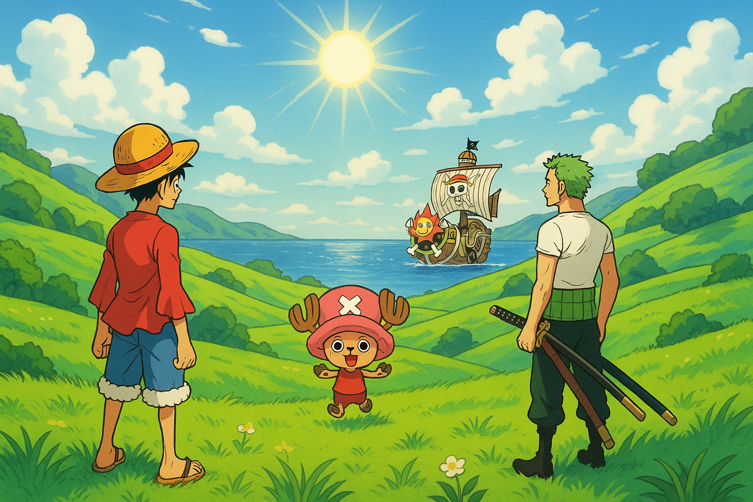 One Piece Cheerful Landscape with Luffy, Zoro and Chopper